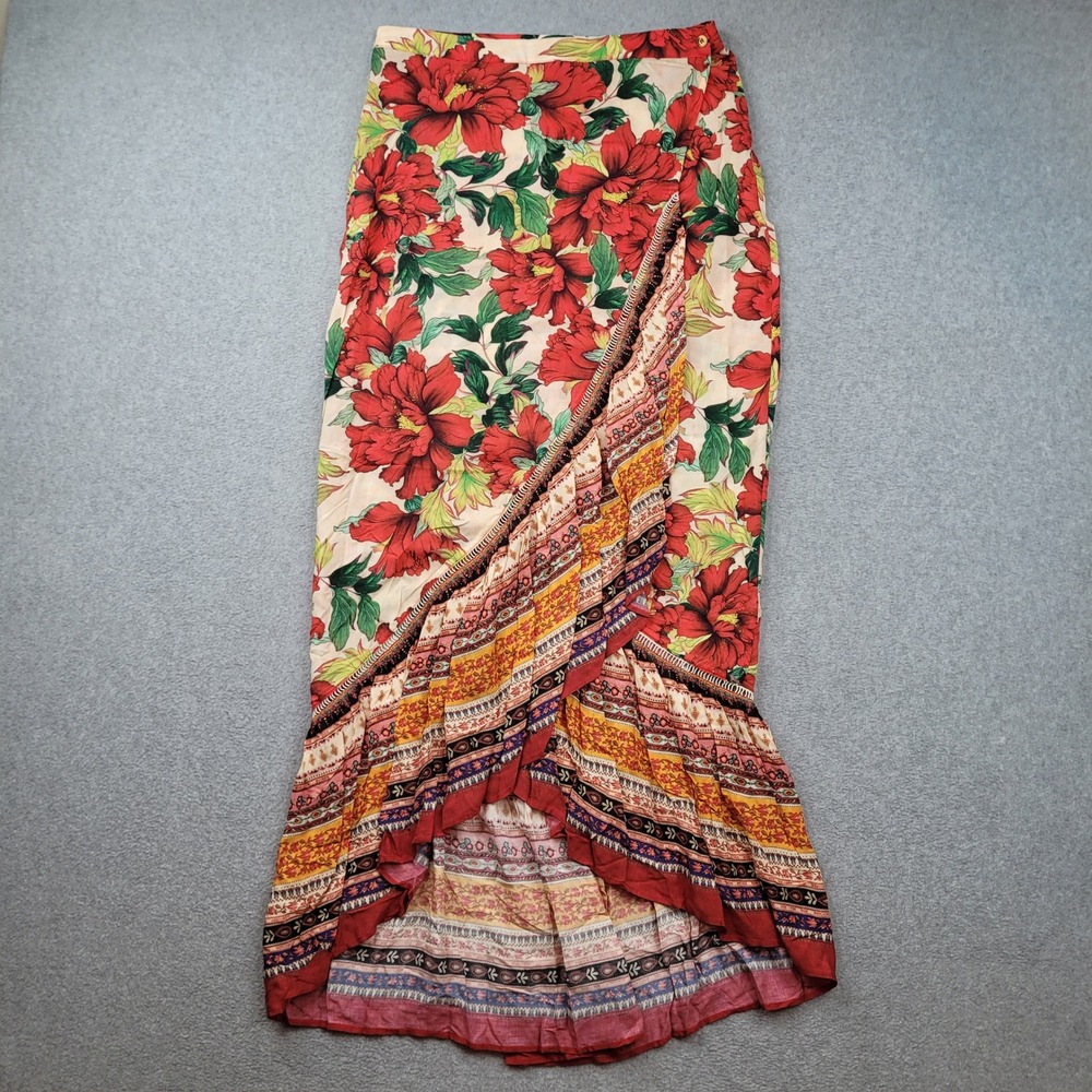 Farm Rio Amaryllis Maxi Skirt Women Medium Red Floral Ruffle Wrap Anthropologie